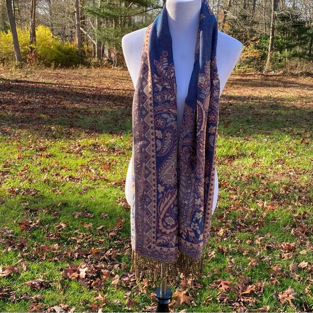 WAVERLY CELEBRATIONS SCARF WRAP PASHMINA BLUE TAN RED FLORAL PAISLEY LARGE